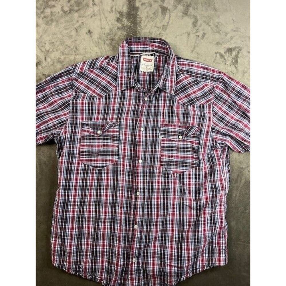 Levis Strauss Shirt Mens Large RED Plaid Short Sleeve Pearl Snap Western